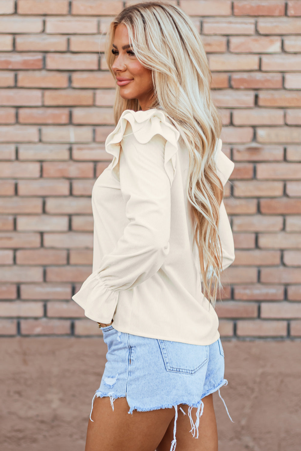 Beige Ruffled Flounce Sleeve Corduroy Blouse-Tops/Blouses & Shirts-[Adult]-[Female]-2022 Online Blue Zone Planet