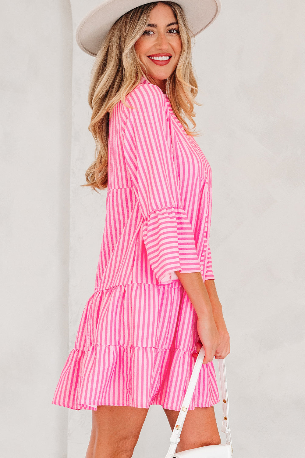 Pink Stripe Flare Sleeve Half Placket Tiered Flowy Mini Dress-TOPS / DRESSES-[Adult]-[Female]-2022 Online Blue Zone Planet