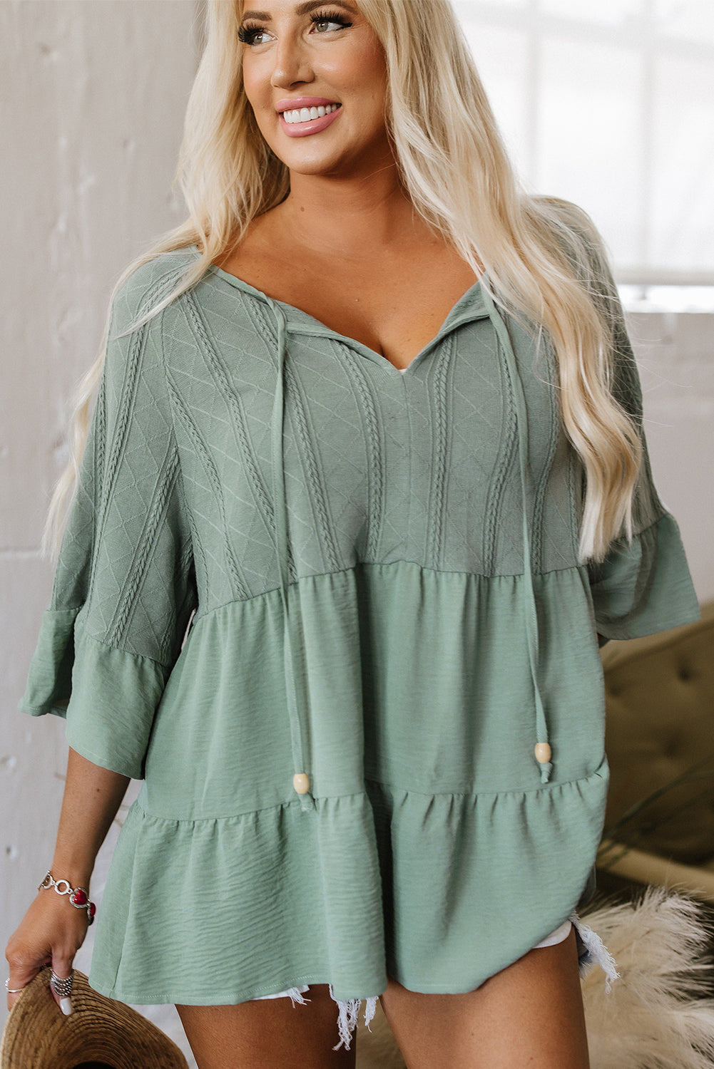 Laurel Green Tie Split Neck Textured Ruffle Patchwork Blouse-Tops/Blouses & Shirts-[Adult]-[Female]-2022 Online Blue Zone Planet