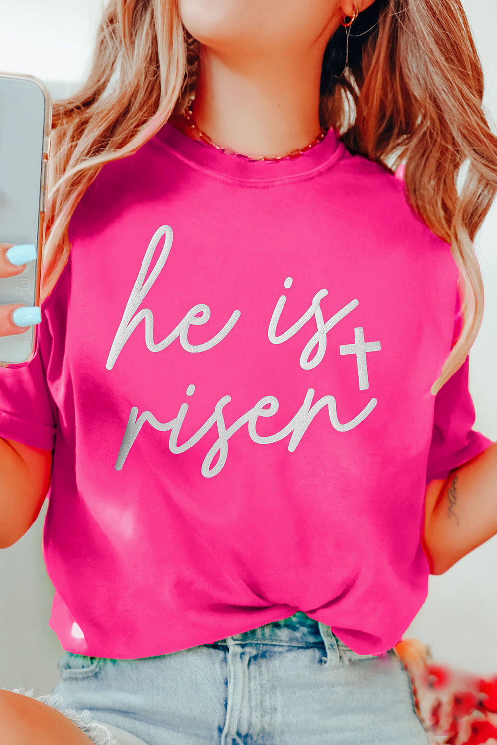 Rose Red Glitter he is risen Cross Printed Crewneck Tee-Graphic/Graphic Tees-[Adult]-[Female]-Rose Red-S-2022 Online Blue Zone Planet
