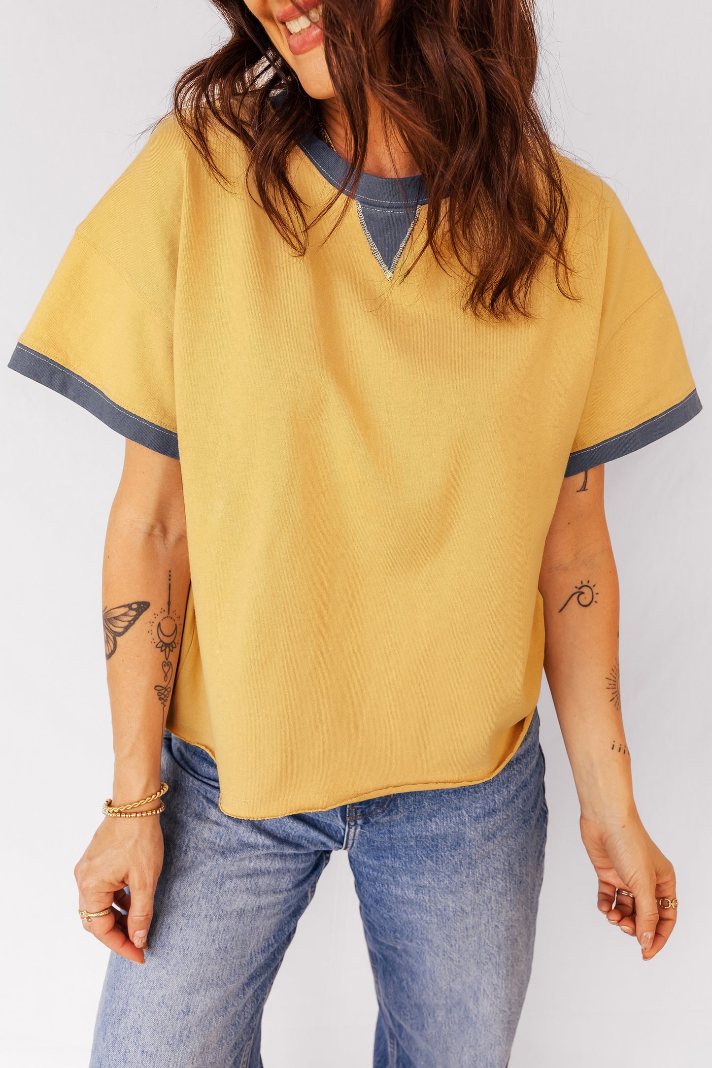 Banana Cream Contrast Trim Raw Hemline Short Sleeve Loose Top-Tops/Tops & Tees-[Adult]-[Female]-Banana Cream-S-2022 Online Blue Zone Planet