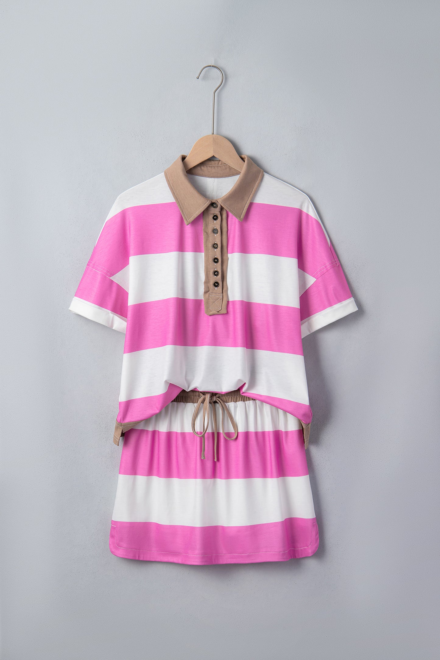 Rose Stripe Colorblock Trim Polo Tee Drawstring Mini Skirt 2pcs Set-Two Piece Sets/Two Piece Dresses-[Adult]-[Female]-2022 Online Blue Zone Planet