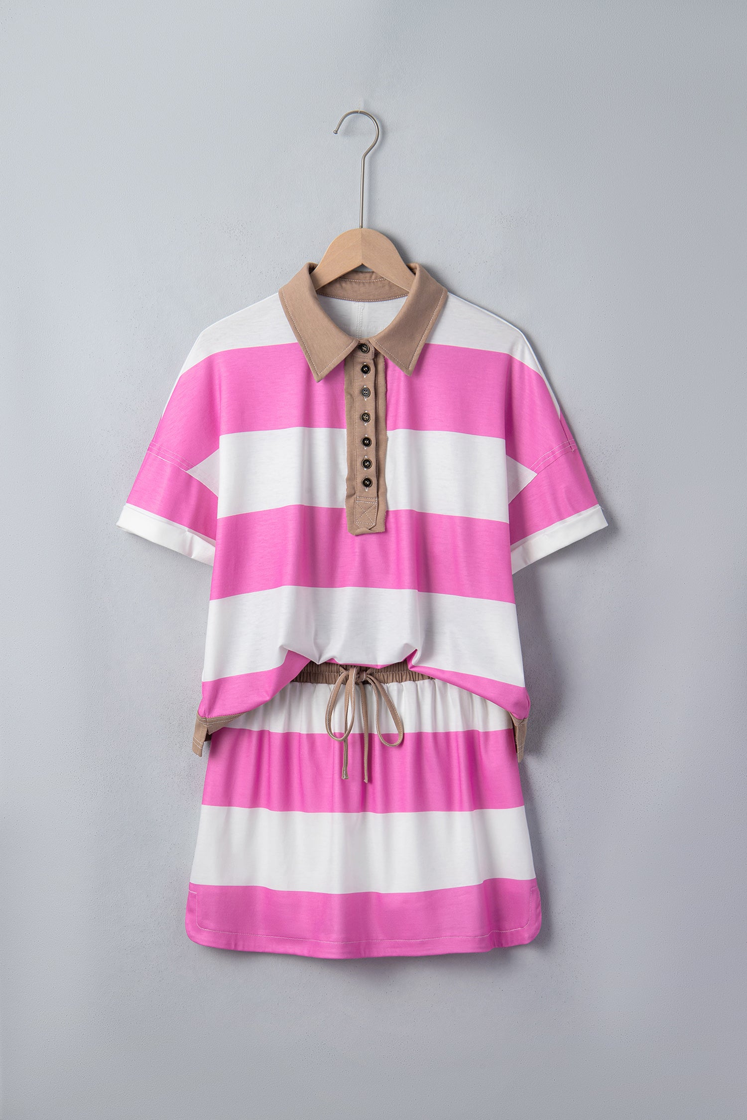 Rose Stripe Colorblock Trim Polo Tee Drawstring Mini Skirt 2pcs Set-Two Piece Sets/Two Piece Dresses-[Adult]-[Female]-2022 Online Blue Zone Planet