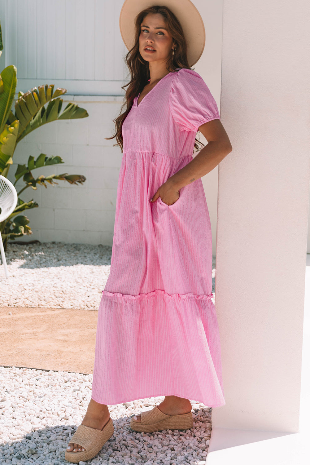 Pink Stripe V Neck Puff Short Sleeve Maxi Dress-Dresses/Maxi Dresses-[Adult]-[Female]-2022 Online Blue Zone Planet