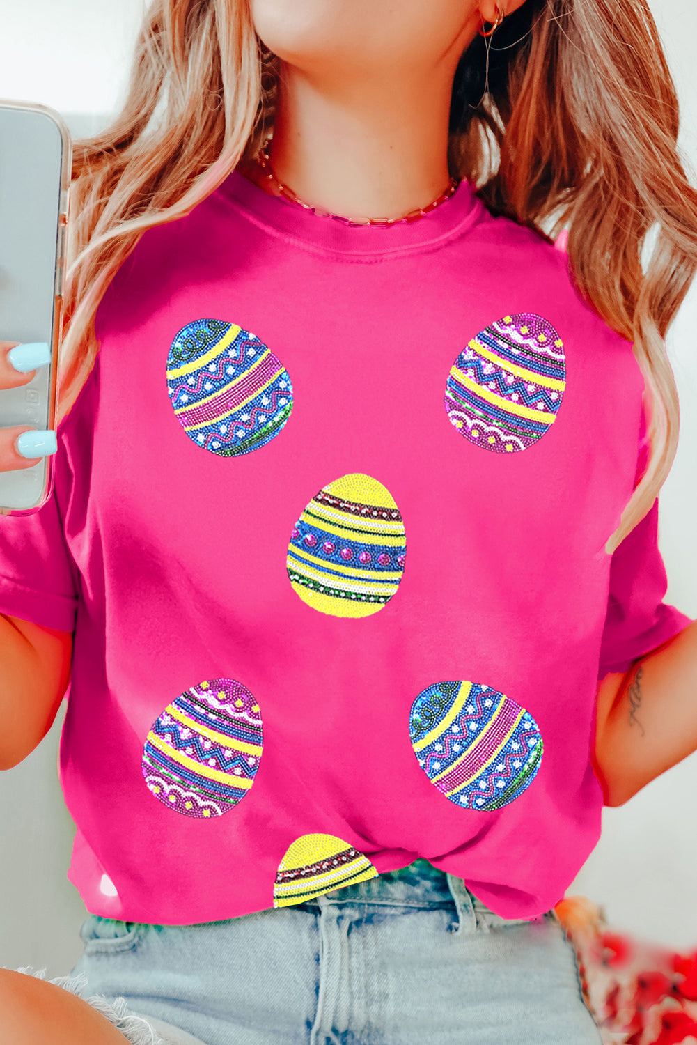 Rose Red Sequin Easter Egg Graphic Casual T Shirt-Graphic/Graphic Tees-[Adult]-[Female]-2022 Online Blue Zone Planet