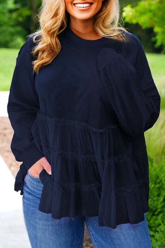 Navy Blue Tiered Ruffle Ribbed Crew Neck Pullover Plus Size Top-Plus Size/Plus Size Tops/Plus Size Blouses & Shirts-[Adult]-[Female]-2022 Online Blue Zone Planet