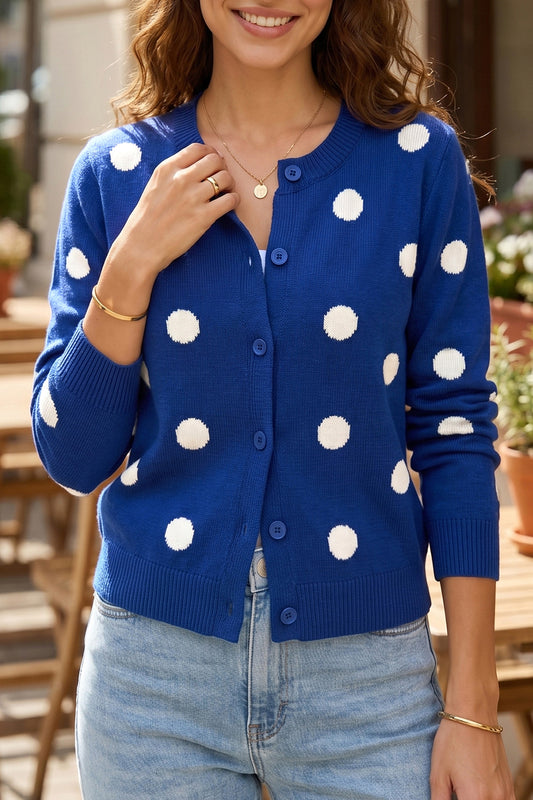 Bluing Casual Polka Dot Button Front Long Sleeve Sweater Cardigan-Sweaters & Cardigans/Cardigans-[Adult]-[Female]-Bluing-S-2022 Online Blue Zone Planet