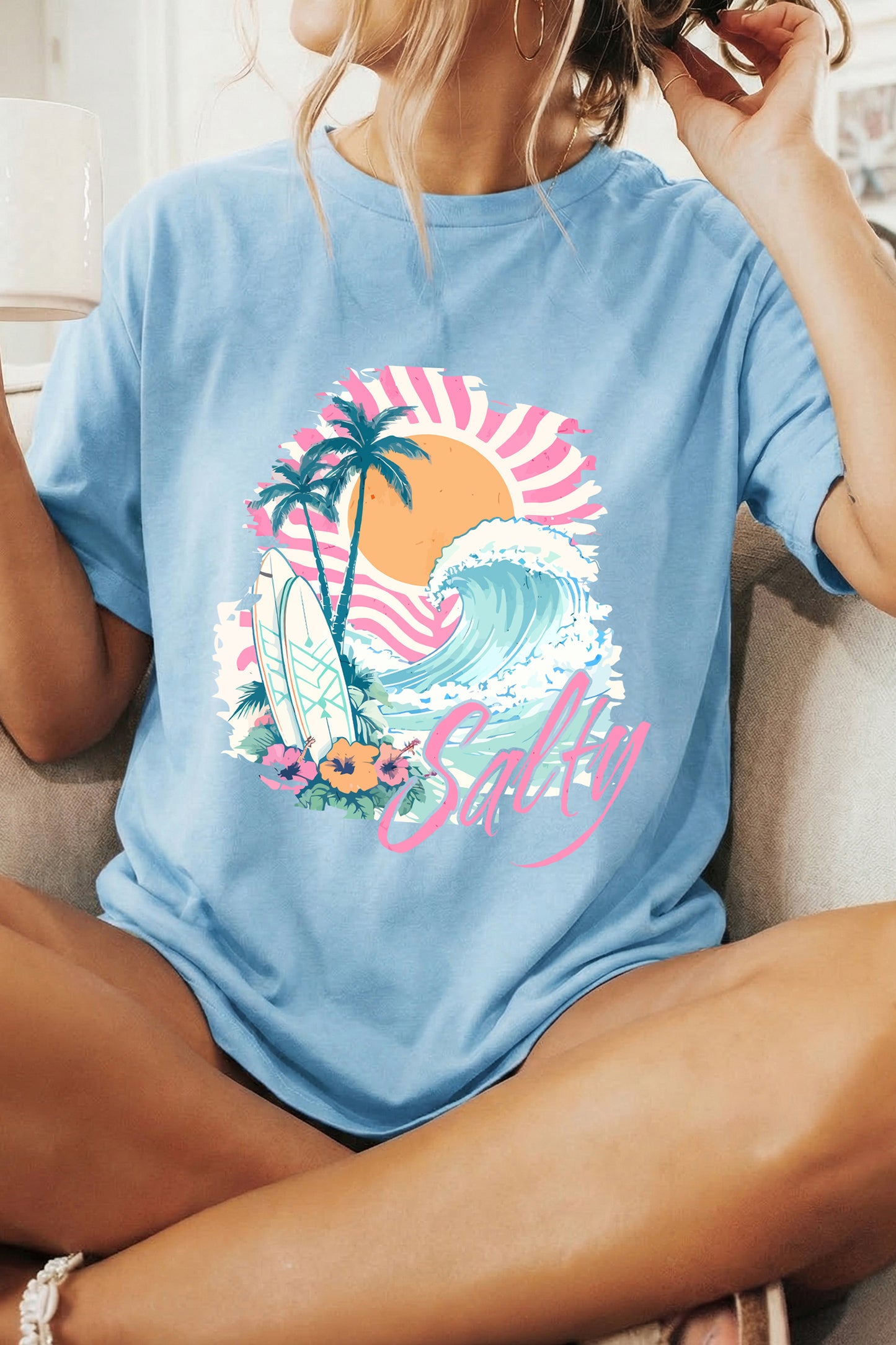Light Blue Salty Beach Resort Vacation Surf Graphic Tee-Graphic/Graphic Tees-[Adult]-[Female]-Light Blue-S-2022 Online Blue Zone Planet