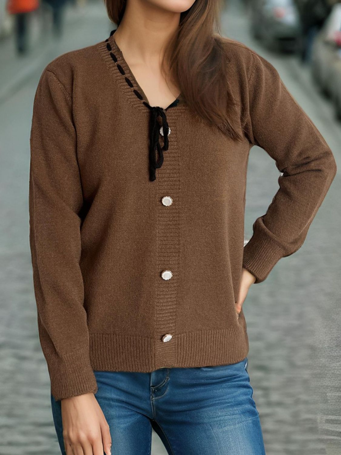 Tied V-Neck Long Sleeve Sweater-TOPS / DRESSES-[Adult]-[Female]-Brown-One Size-2022 Online Blue Zone Planet