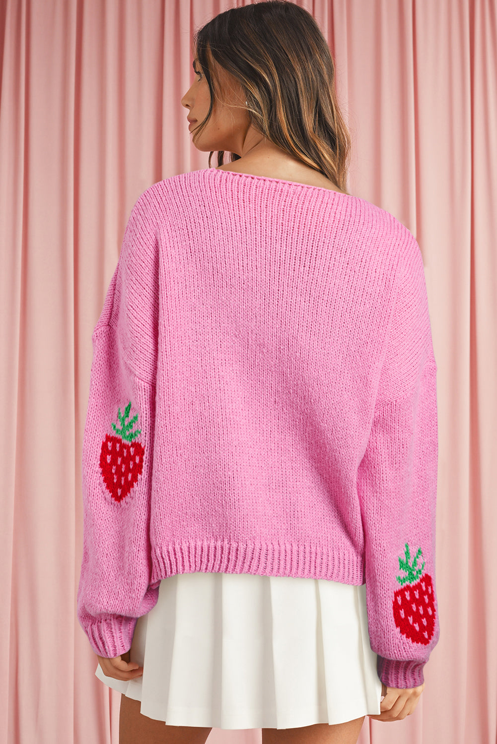 Rose Strawberry Print Bowknot Knit Cardigan-Cardigans-[Adult]-[Female]-2022 Online Blue Zone Planet