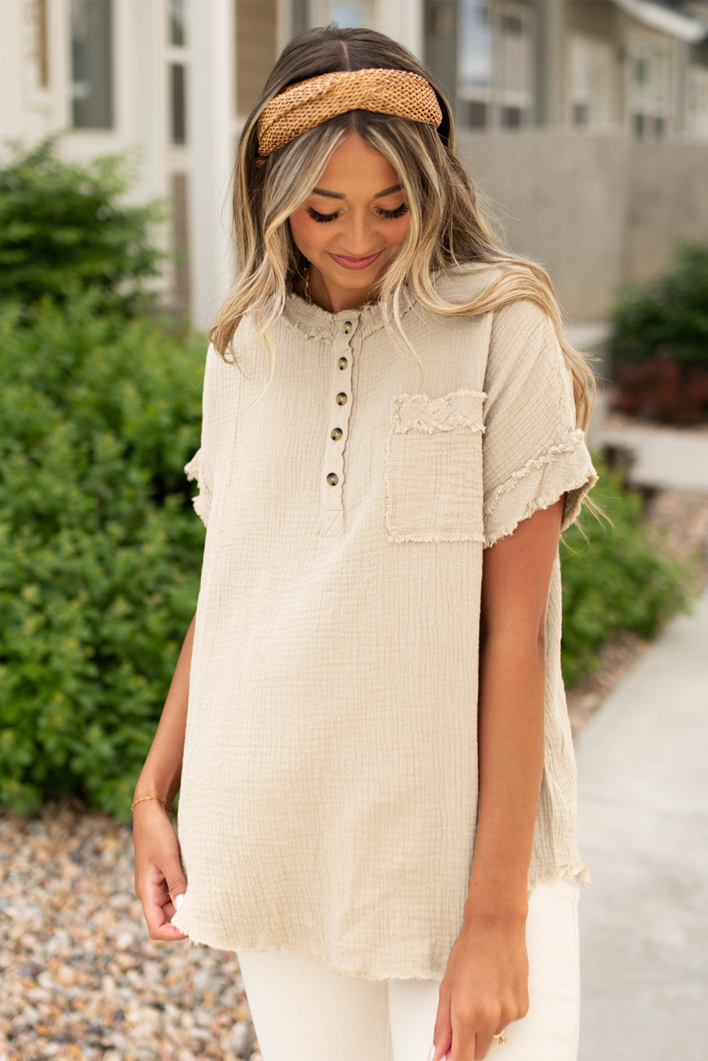 Parchment Crinkle Textured Frayed Trim Half Button Short Sleeve Top-Tops/Tops & Tees-[Adult]-[Female]-2022 Online Blue Zone Planet