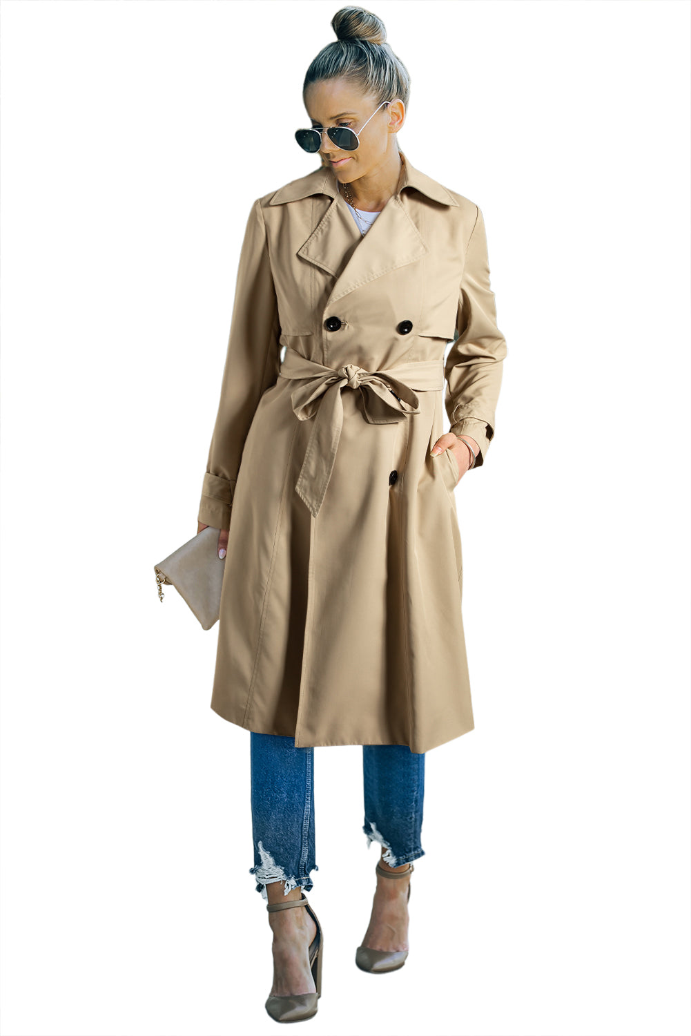 Blue Zone Planet | Pale Khaki Solid Color Lapel Collar Waist Tie Wind Coat-Outerwear/Coats-[Adult]-[Female]-2022 Online Blue Zone Planet