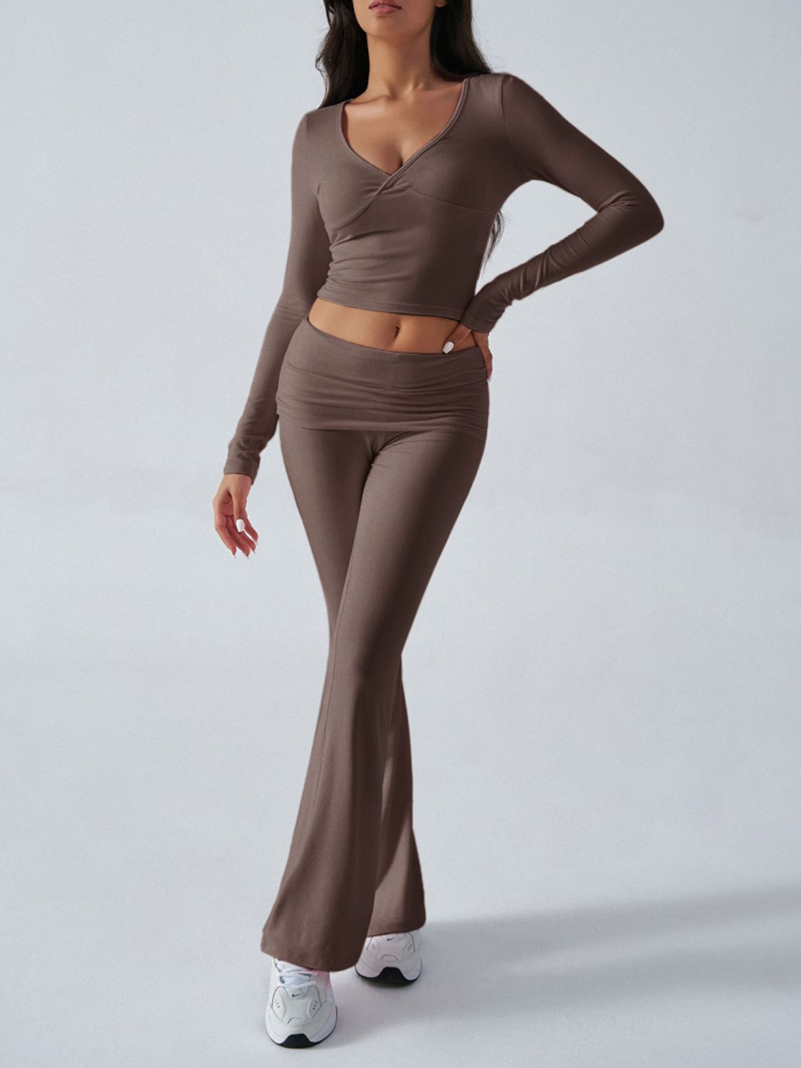 Devine Ruched Long Sleeve Top and Pants Set-TOPS / DRESSES-[Adult]-[Female]-Coffee Brown-S-2022 Online Blue Zone Planet