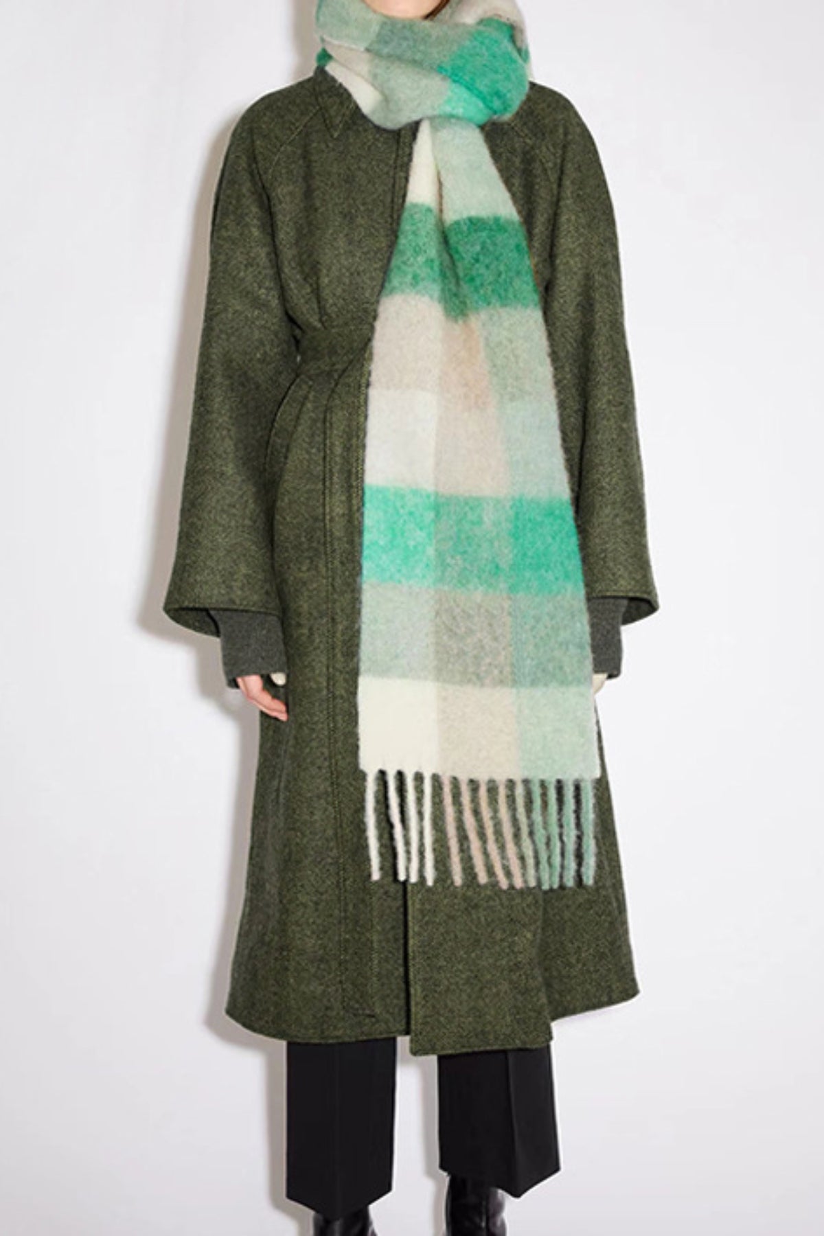 Thermal Fringe Contrast Plaid Scarf-SCARVES-[Adult]-[Female]-White/Green grid-One Size-2022 Online Blue Zone Planet