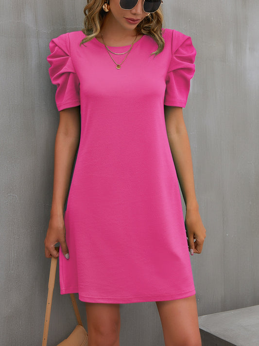 Round Neck Puff Sleeve Mini Dress-TOPS / DRESSES-[Adult]-[Female]-Hot Pink-S-2022 Online Blue Zone Planet