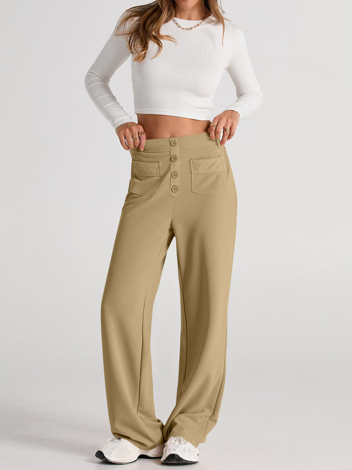 Blue Zone Planet | High Waist Wide Leg Pants-TOPS / DRESSES-[Adult]-[Female]-Khaki-S-2022 Online Blue Zone Planet