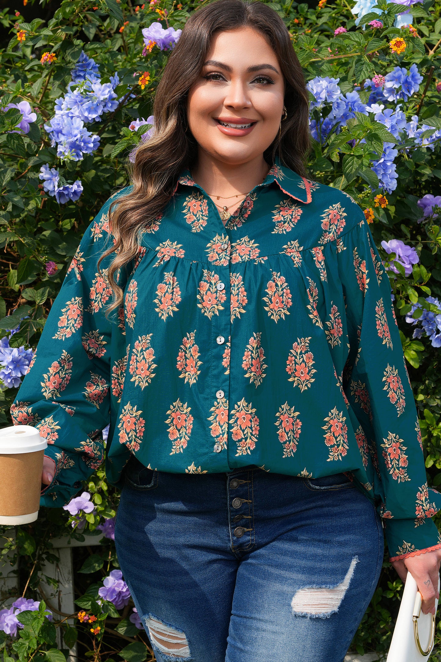 Green Plus Size Floral Print Contrast Lacy Trim Pleated Loose Shirt-Plus Size/Plus Size Tops/Plus Size Blouses & Shirts-[Adult]-[Female]-2022 Online Blue Zone Planet
