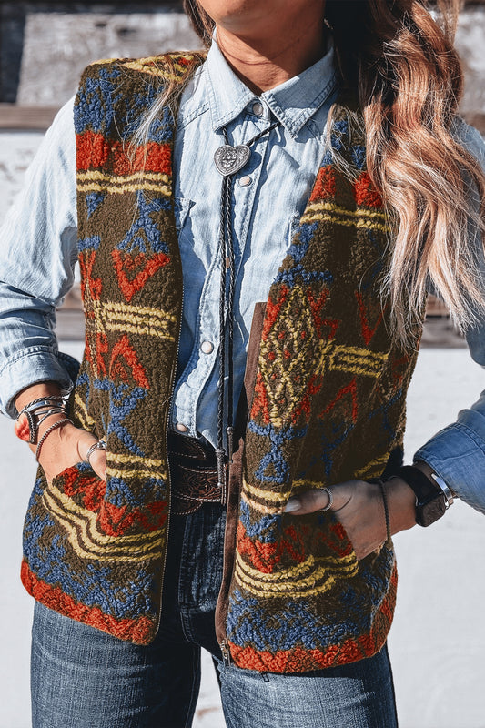 Multicolour Western Print Faux Fur Metal Zipper Insert Pockets Sleeveless Vest-Outerwear/Vests-[Adult]-[Female]-Multicolour-S-2022 Online Blue Zone Planet