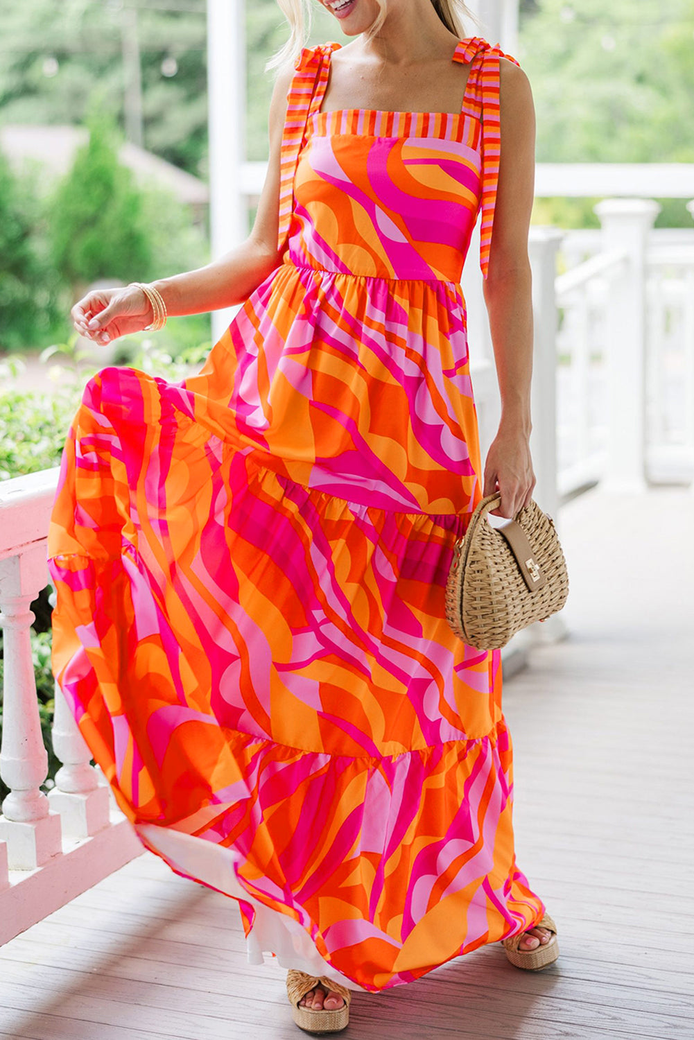 Red Abstract Print Knotted Shoulder High Waist Maxi Dress-TOPS / DRESSES-[Adult]-[Female]-2022 Online Blue Zone Planet