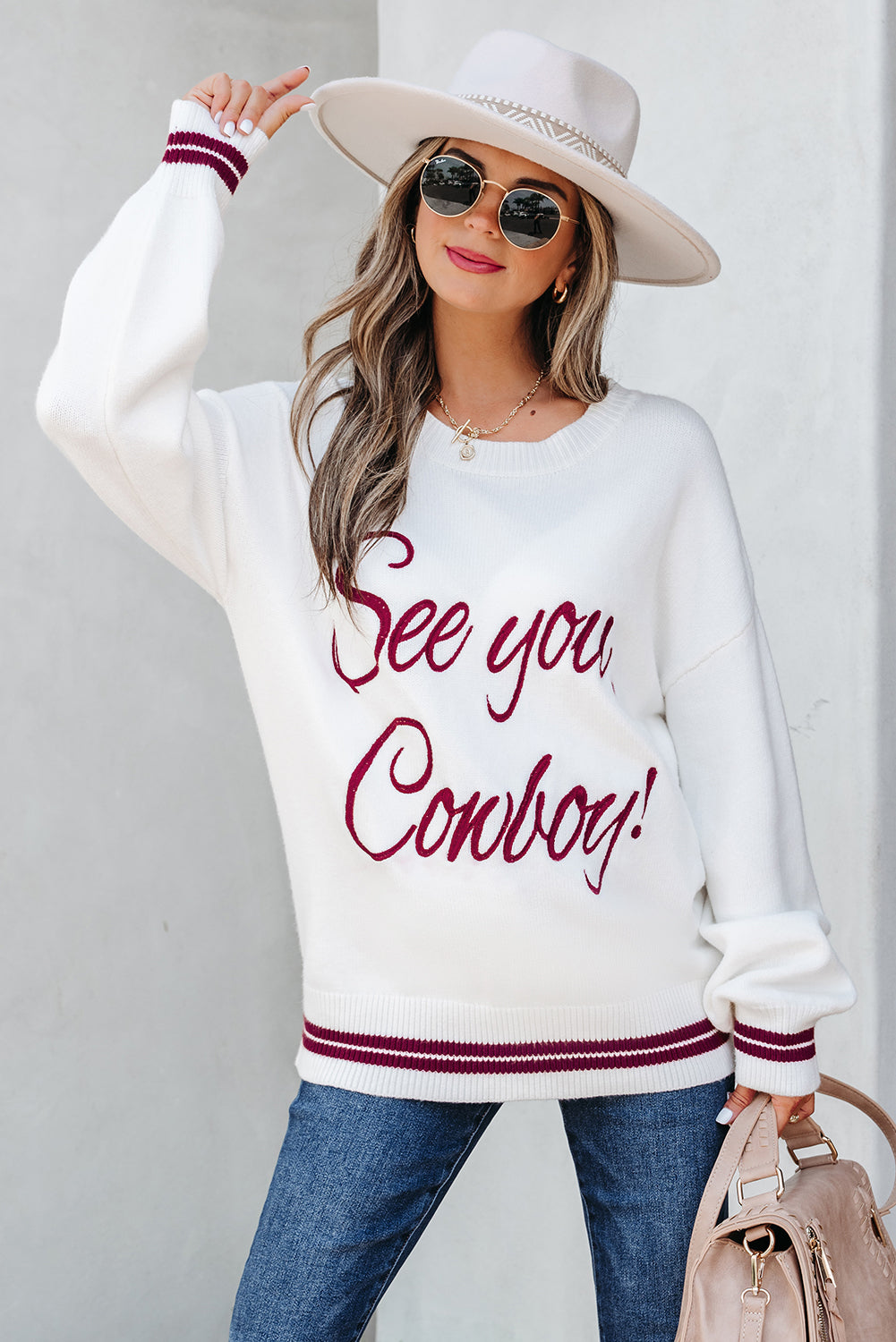 White See You Cowboy Embroidered Western Graphic Sweater-TOPS / DRESSES-[Adult]-[Female]-2022 Online Blue Zone Planet