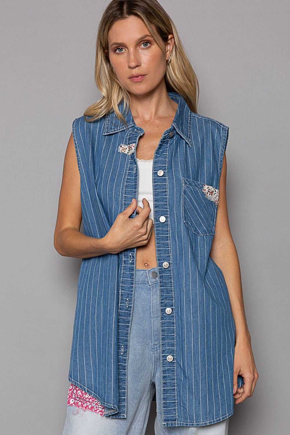 POL Button Down Sleeveless Striped Denim Shirt-TOPS / DRESSES-[Adult]-[Female]-2022 Online Blue Zone Planet