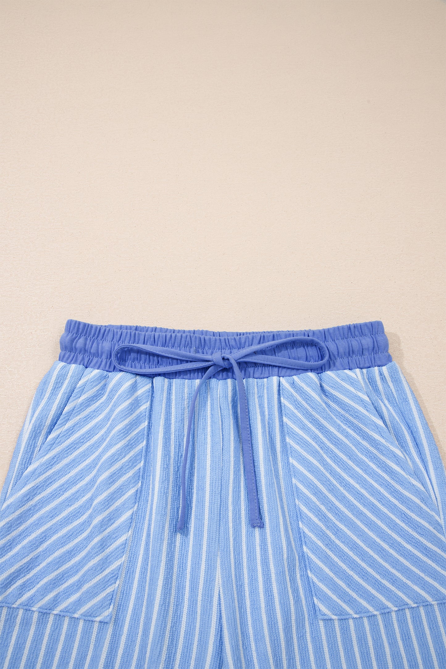 Sky Blue Stripe Crew Neck Tee Drawstring Waist Cropped Pants Set-Two Piece Sets/Pant Sets-[Adult]-[Female]-2022 Online Blue Zone Planet