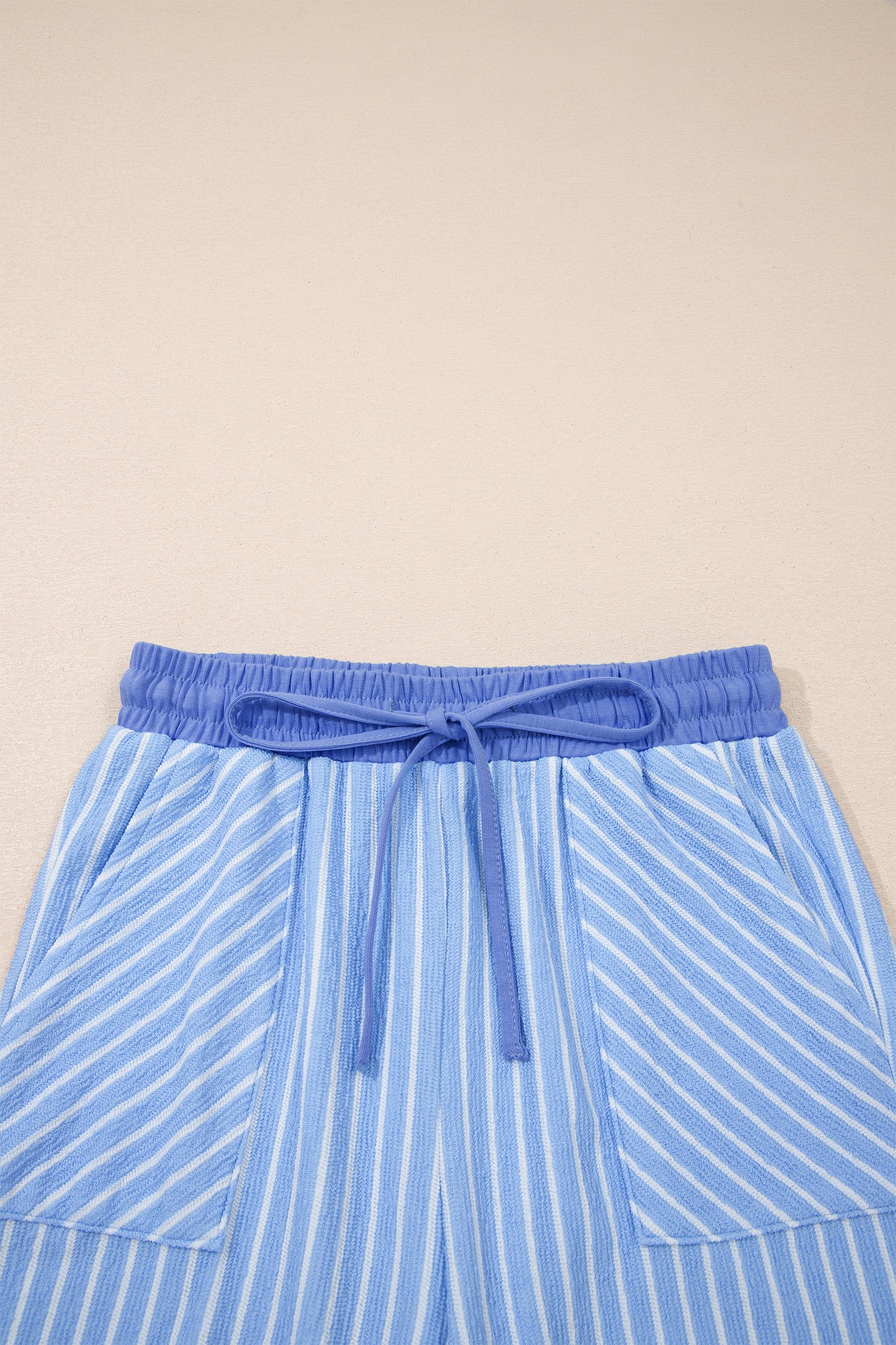 Sky Blue Stripe Crew Neck Tee Drawstring Waist Cropped Pants Set-Two Piece Sets/Pant Sets-[Adult]-[Female]-2022 Online Blue Zone Planet
