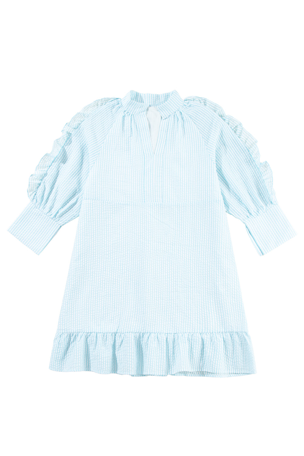 Blue Zone Planet | Myosotis Seersucker Ruffled Puff Sleeve Stand Neck Mini Dress-TOPS / DRESSES-[Adult]-[Female]-2022 Online Blue Zone Planet