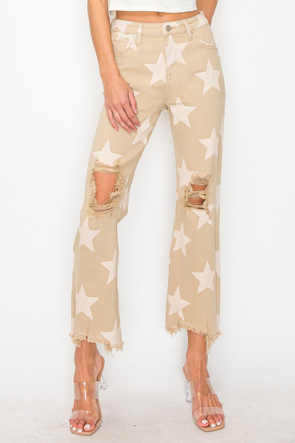 RISEN Full Size High Rise Star Printed Frayed Hem Jeans-BOTTOMS SIZES SMALL MEDIUM LARGE-[Adult]-[Female]-Khaki-0(24)-2022 Online Blue Zone Planet