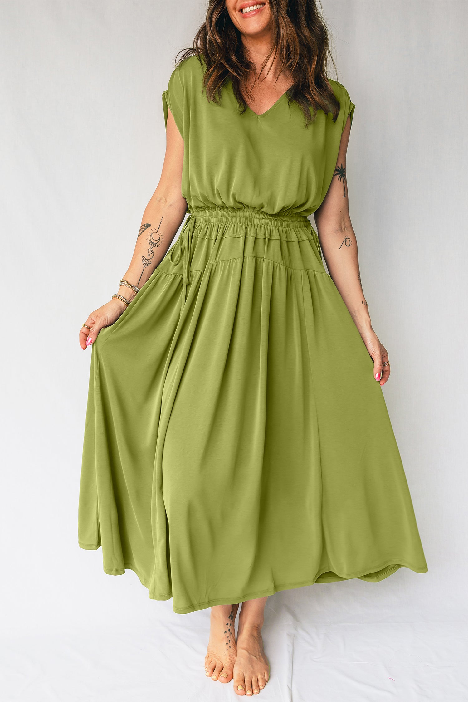 Fern Green Solid V Neck Cap Sleeve Tunic Elastic Waist Versatile Maxi Dress-Dresses/Maxi Dresses-[Adult]-[Female]-Fern Green-S-2022 Online Blue Zone Planet