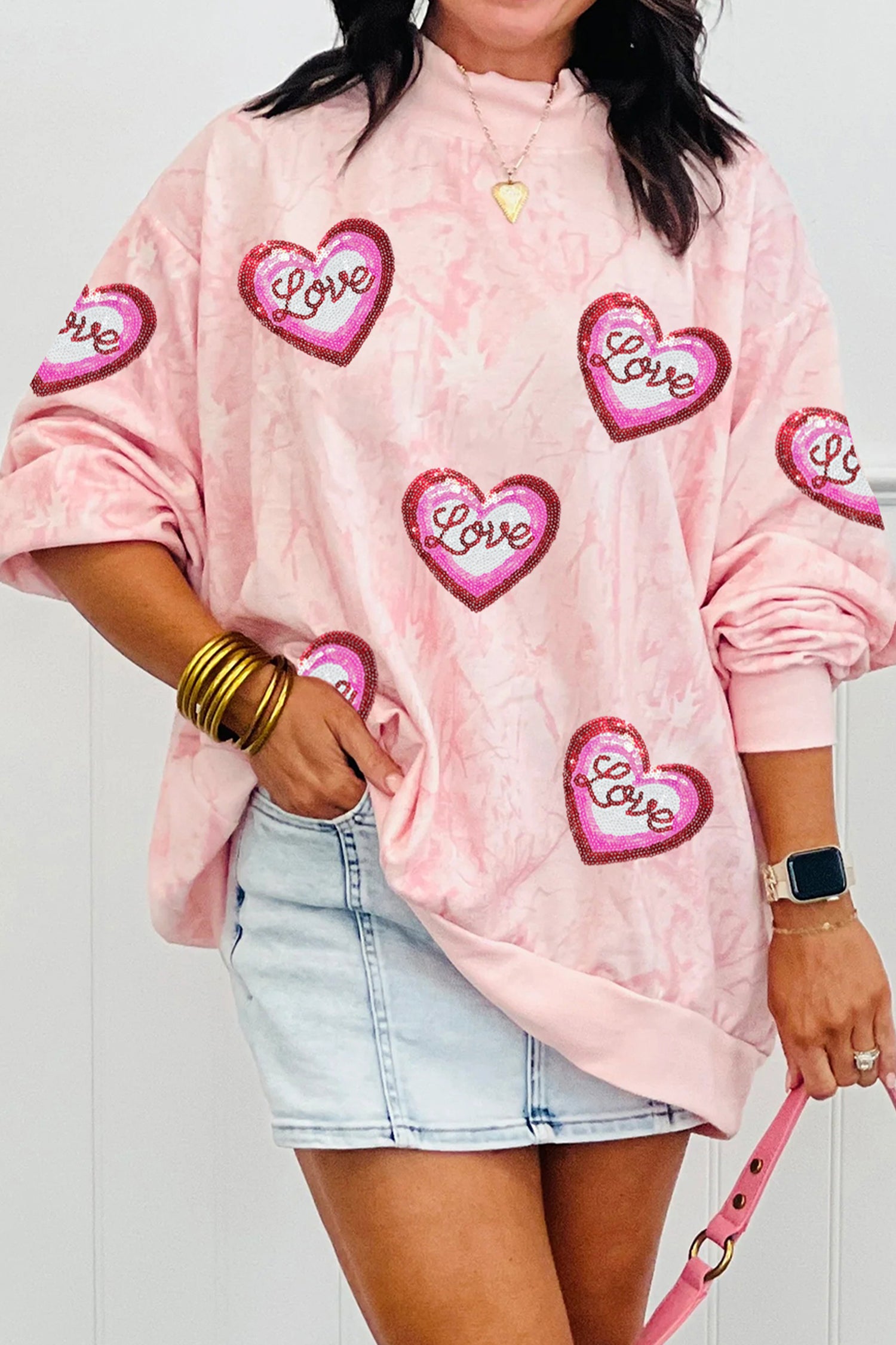Pink Tie Dye Camo Sequin Love Heart Patched Mock Neck Sweatshirt-Graphic Sweatshirts-[Adult]-[Female]-Pink-L-2022 Online Blue Zone Planet