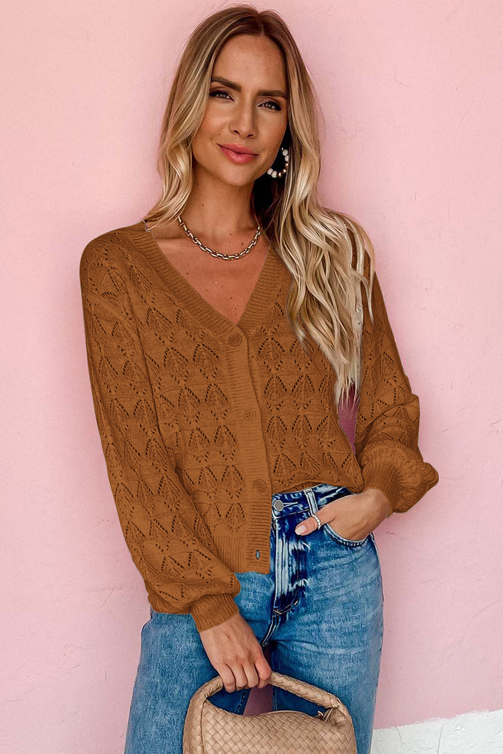 Brown Lightweight Buttoned Front Crochet Cardigan-TOPS / DRESSES-[Adult]-[Female]-2022 Online Blue Zone Planet