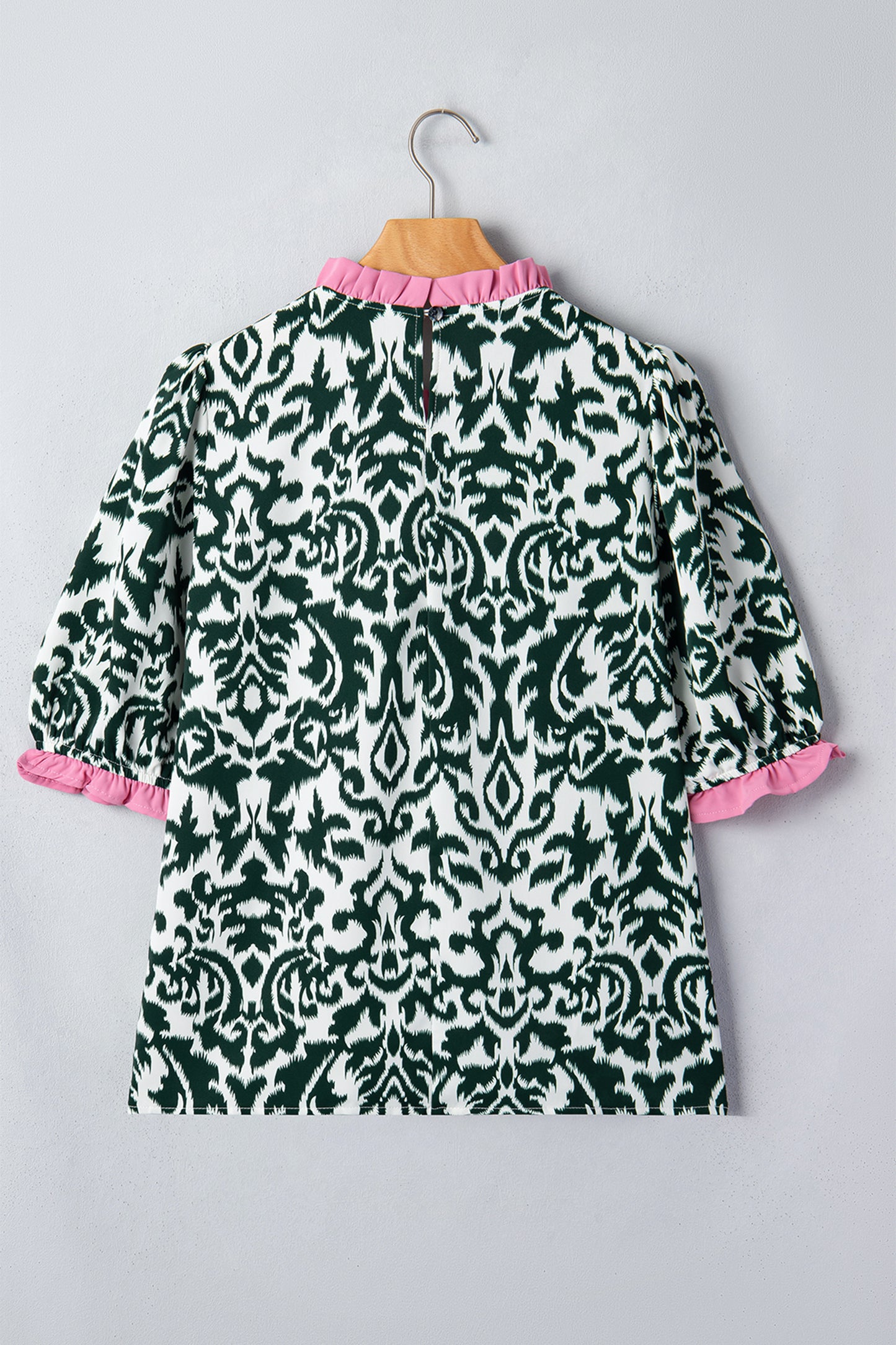 Green Damask Print Ruffled Color Block Detail Half Sleeve Blouse-Tops/Blouses & Shirts-[Adult]-[Female]-2022 Online Blue Zone Planet