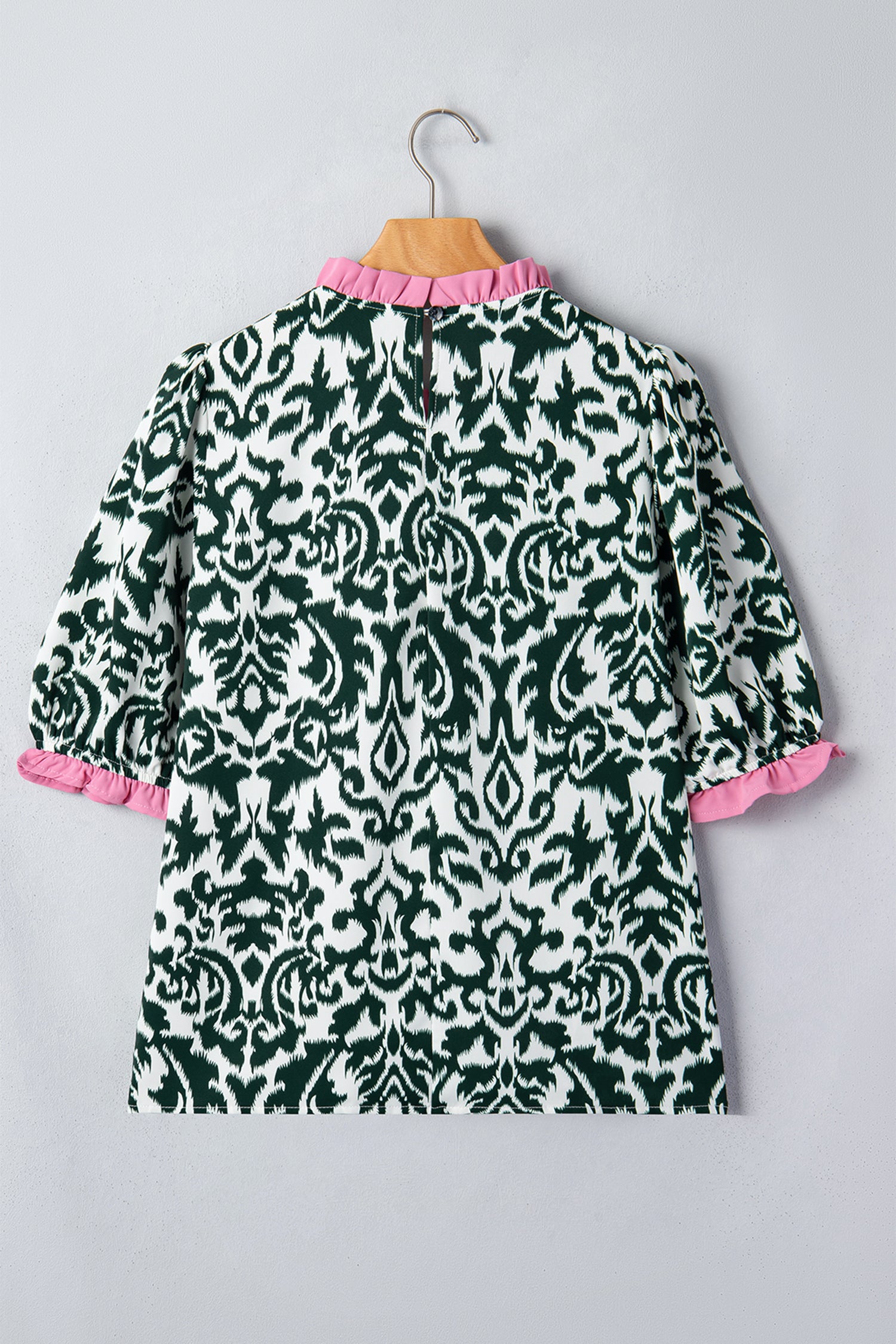 Green Damask Print Ruffled Color Block Detail Half Sleeve Blouse-Tops/Blouses & Shirts-[Adult]-[Female]-2022 Online Blue Zone Planet