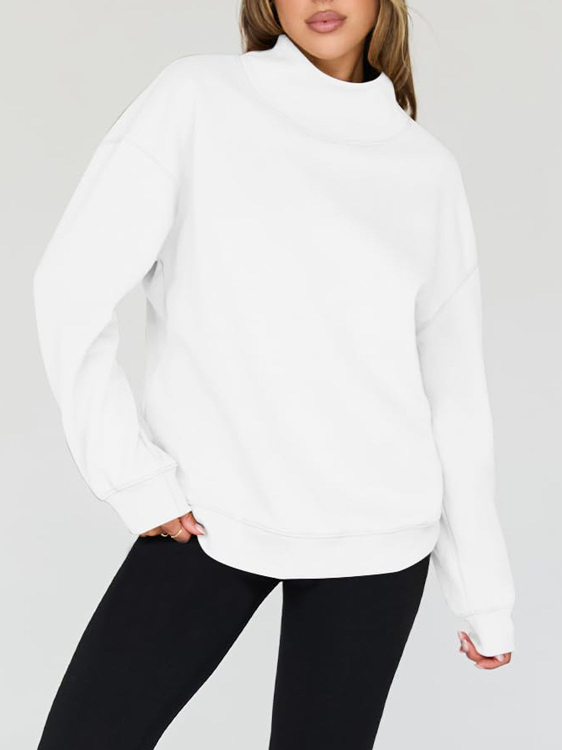 Blue Zone Planet | Mock Neck Drop Shoulder Long Sleeve Sweatshirt-TOPS / DRESSES-[Adult]-[Female]-2022 Online Blue Zone Planet