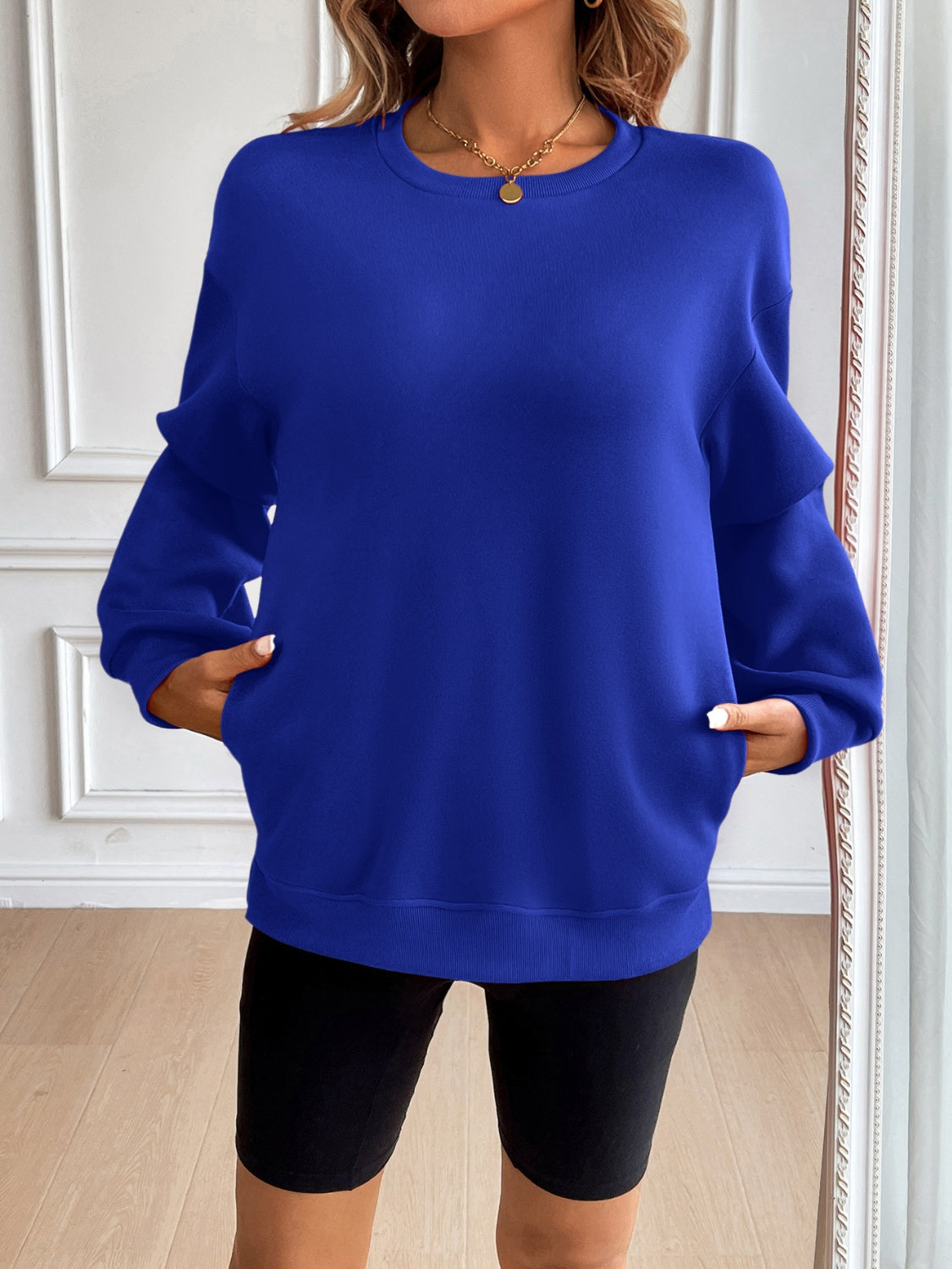 Ivy Lane Round Neck Long Sleeve Sweatshirt-TOPS / DRESSES-[Adult]-[Female]-Royal Blue-S-2022 Online Blue Zone Planet