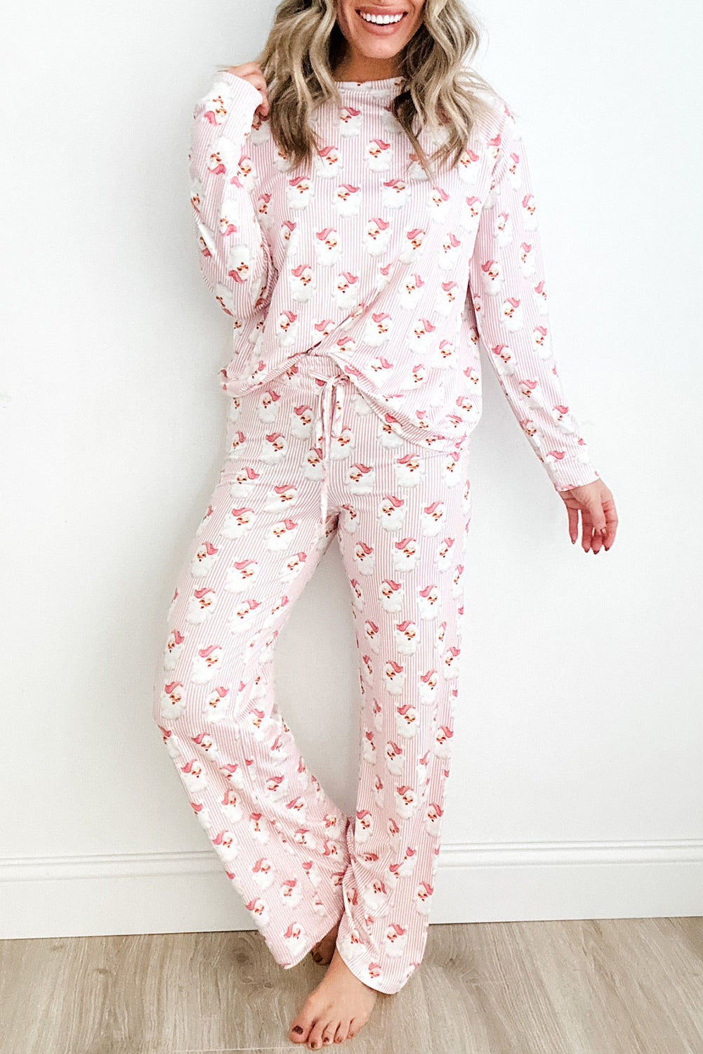 Pink Santa Claus Striped Print Loose Fit Two Piece Loungewear Set-Loungewear Set-[Adult]-[Female]-Pink-S-2022 Online Blue Zone Planet