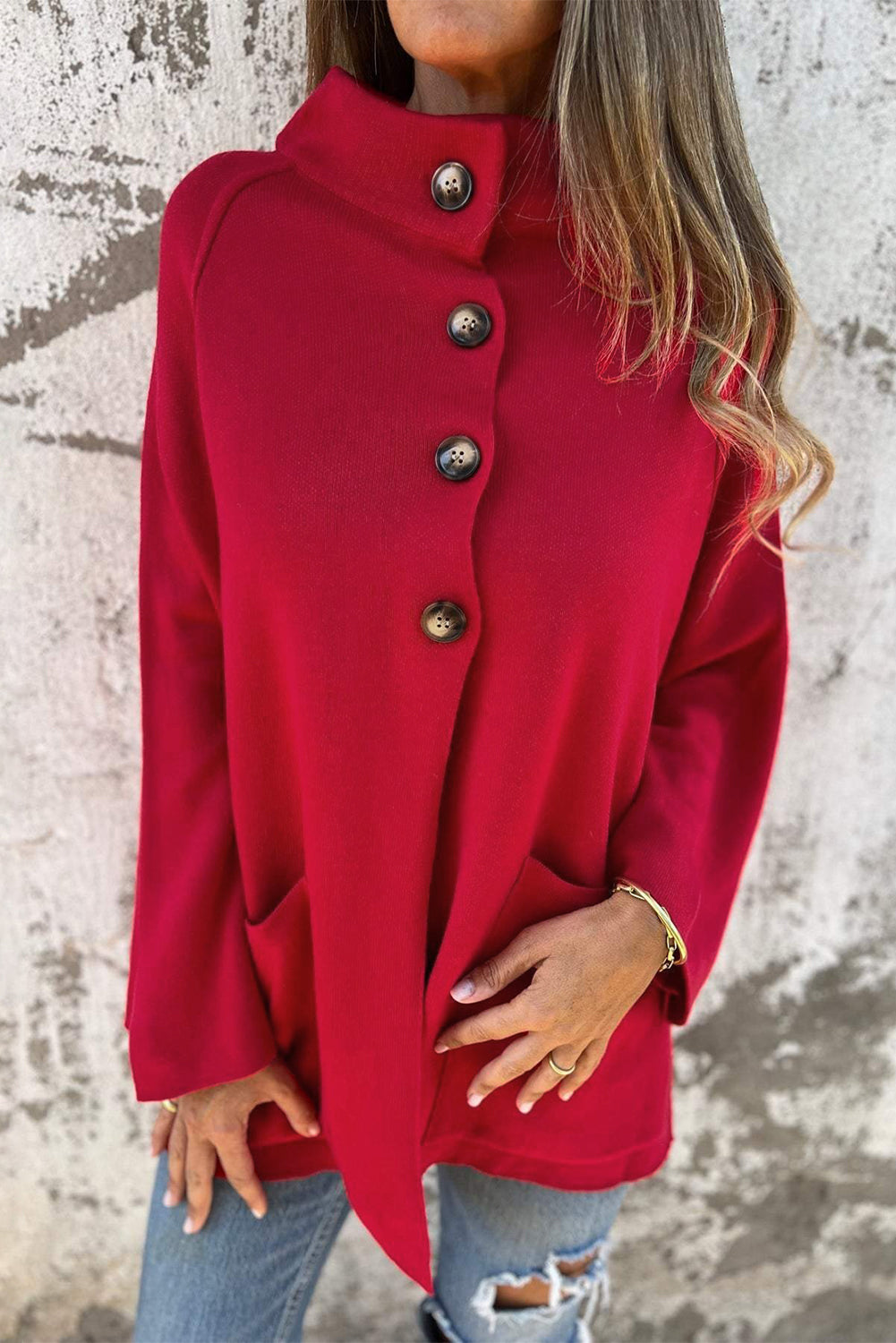Fiery Red Collared Button Front Wrapped Cardigan Jacket-Sweaters & Cardigans/Cardigans-[Adult]-[Female]-2022 Online Blue Zone Planet