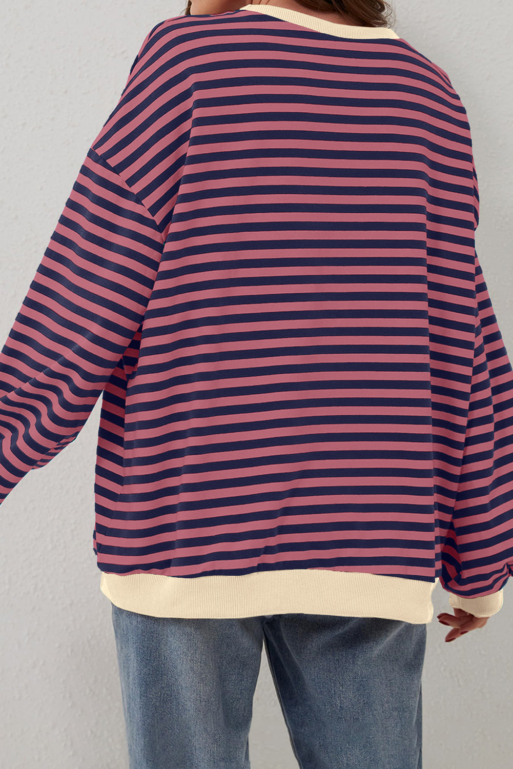 Sky Blue Stripe Oversized Contrast Trim Pullover Sweatshirt-Tops/Sweatshirts & Hoodies-[Adult]-[Female]-2022 Online Blue Zone Planet