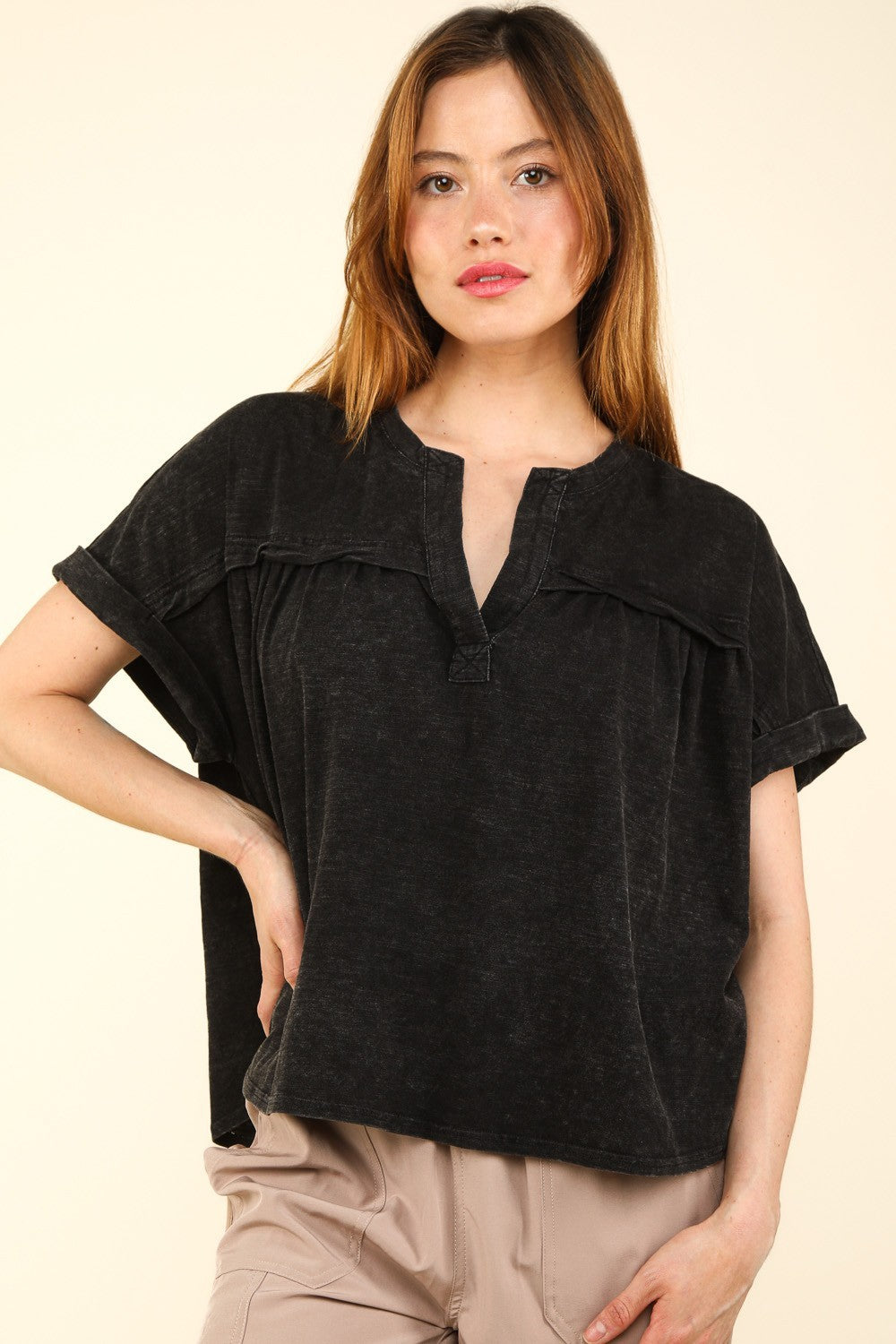 VERY J Nochted Short Sleeve Washed T-Shirt-TOPS / DRESSES-[Adult]-[Female]-Black-S-2022 Online Blue Zone Planet