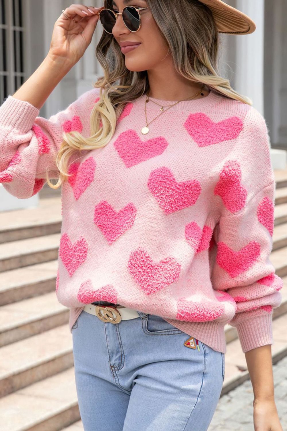 Valentine's Day Heart Jacquard Round Neck Sweater-TOPS / DRESSES-[Adult]-[Female]-Blush Pink-S-2022 Online Blue Zone Planet