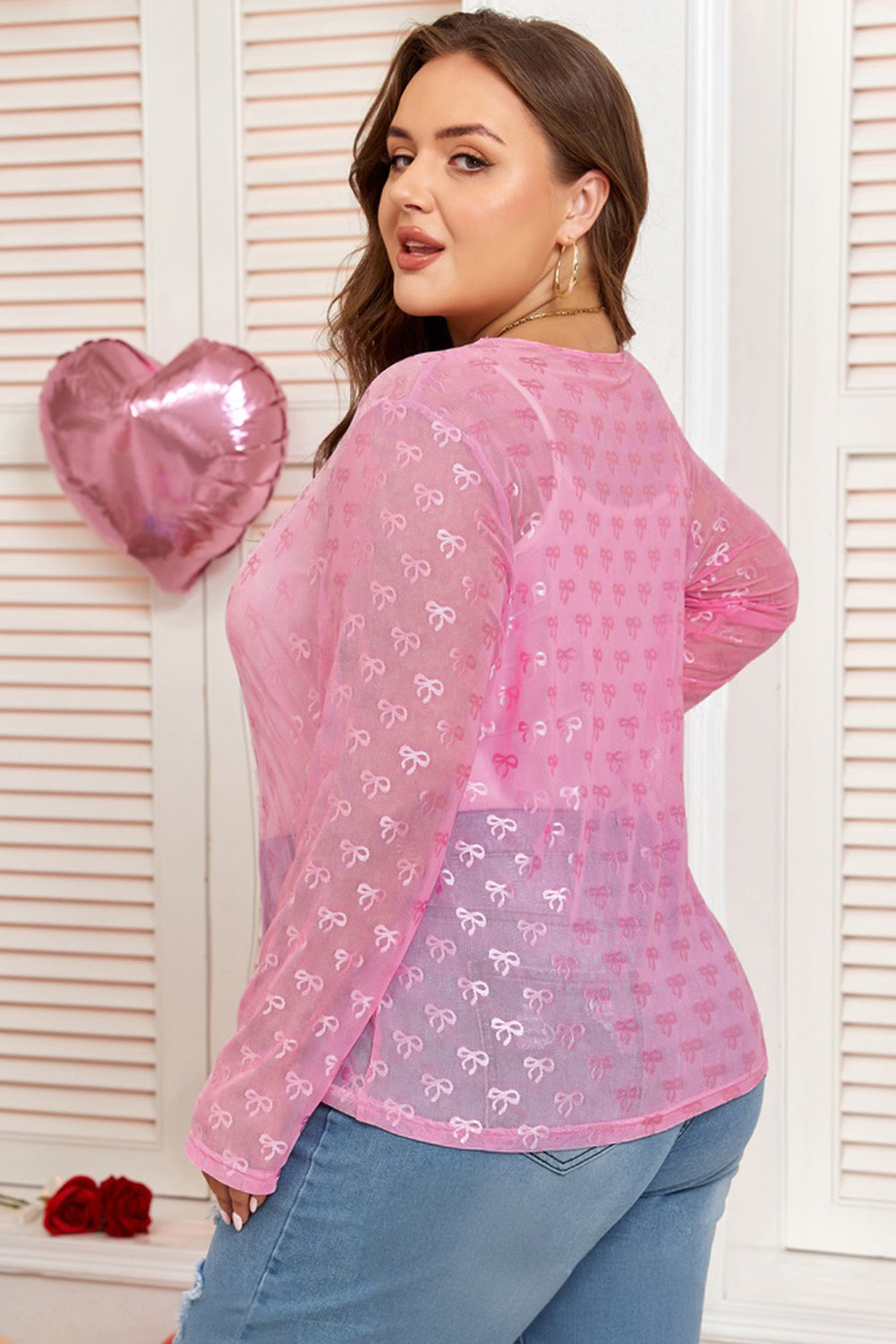 Pink Plus Size Bow Embroidered Mesh Long Sleeve Top-Plus Size/Plus Size Tops/Plus Size Long Sleeve Tops-[Adult]-[Female]-2022 Online Blue Zone Planet