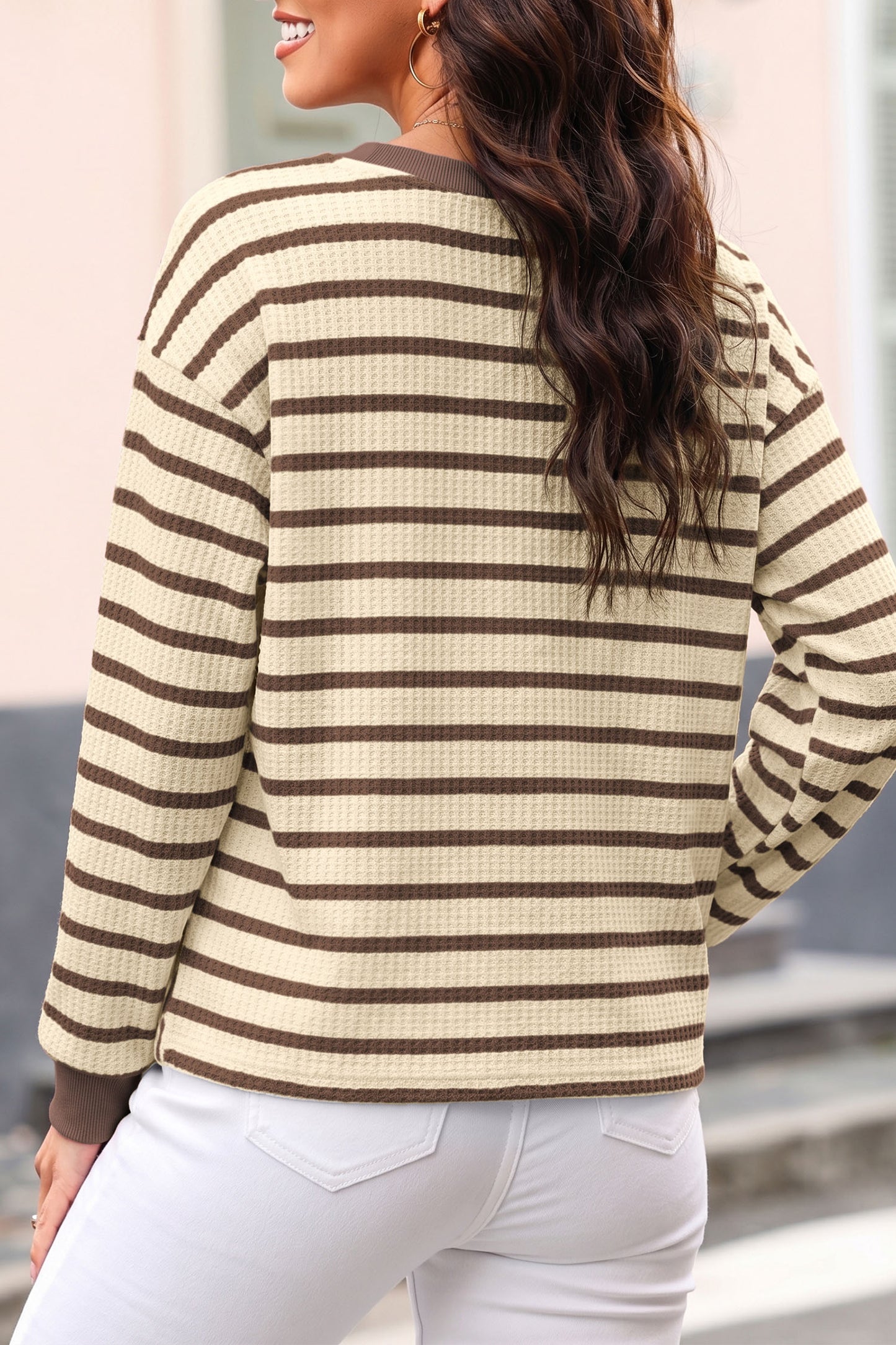 Brown Stripe Patchwork Ribbed Cuff Casual Pullover Sweatshirt-Tops/Sweatshirts & Hoodies-[Adult]-[Female]-2022 Online Blue Zone Planet