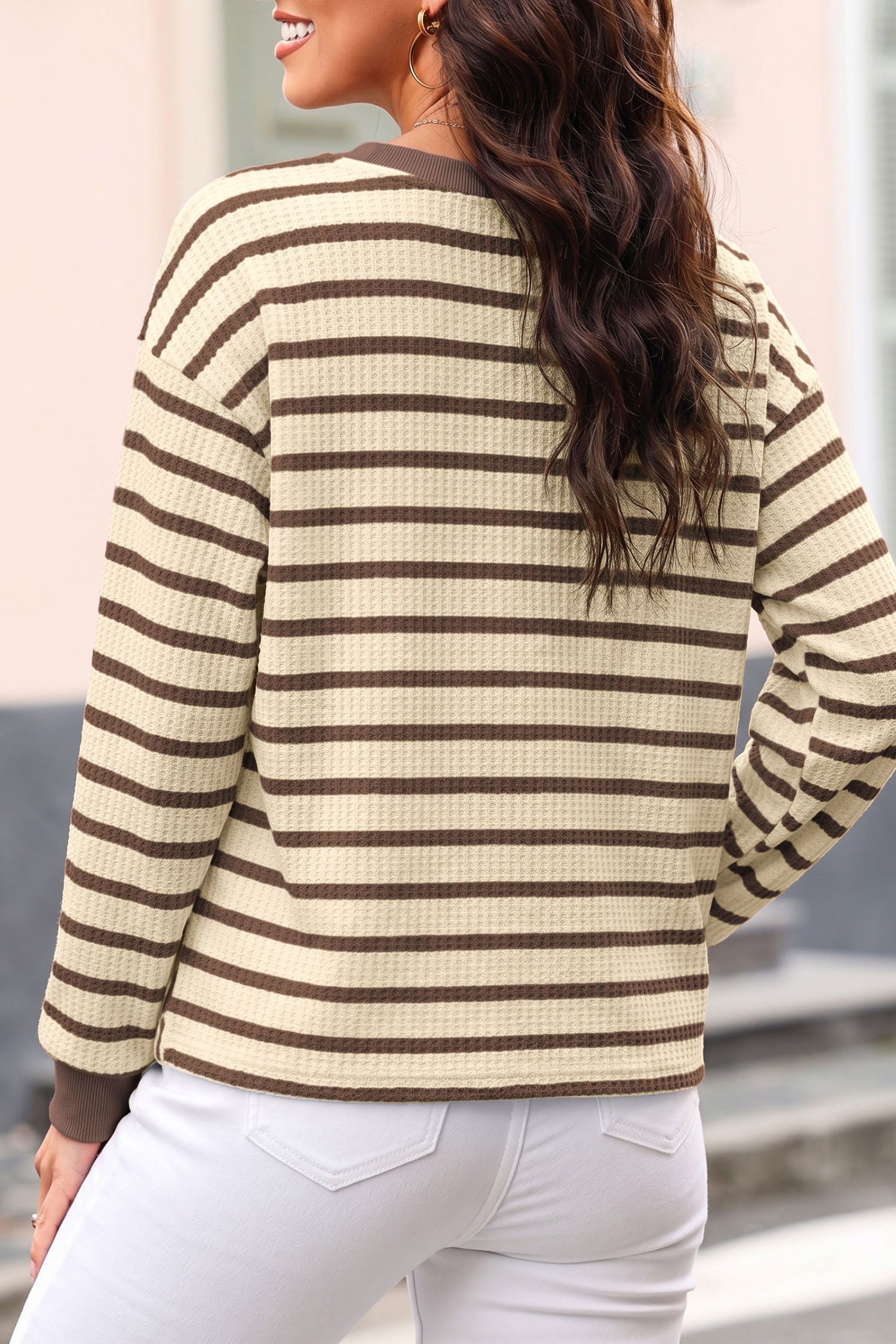 Brown Stripe Patchwork Ribbed Cuff Casual Pullover Sweatshirt-Tops/Sweatshirts & Hoodies-[Adult]-[Female]-2022 Online Blue Zone Planet