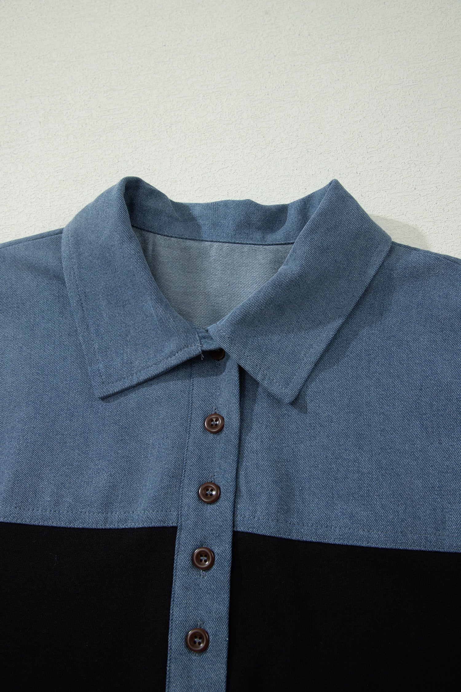 Black Color Block Denim Patchwork Button Polo Collar Short Sleeve Top-Tops/Blouses & Shirts-[Adult]-[Female]-2022 Online Blue Zone Planet
