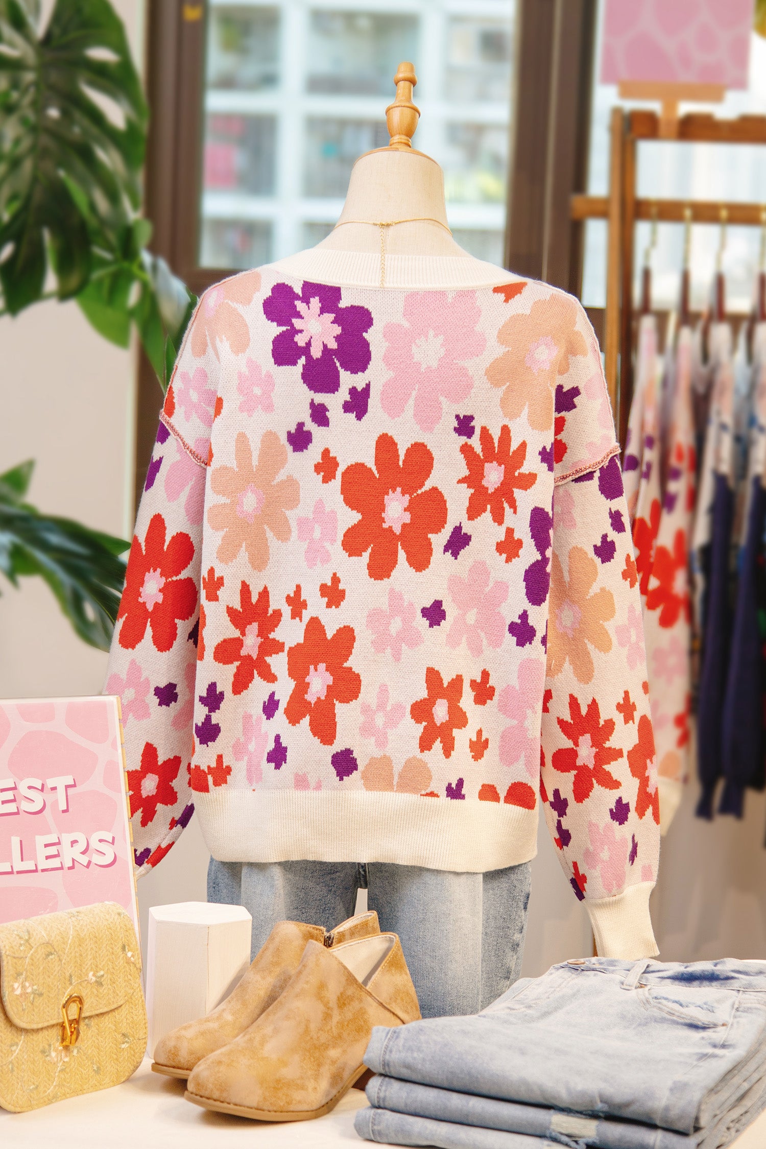 Khaki Fall Floral Pattern Drop Shoulder Sweater-TOPS / DRESSES-[Adult]-[Female]-2022 Online Blue Zone Planet