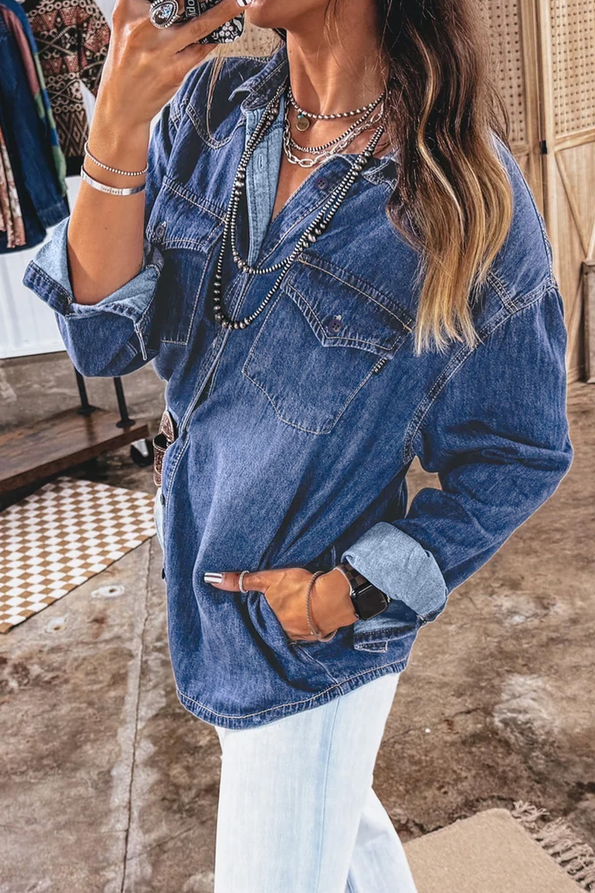 Sail Blue Western Patch Pockets Tunic Length Long Sleeve Denim Shirt-Tops/Blouses & Shirts-[Adult]-[Female]-2022 Online Blue Zone Planet