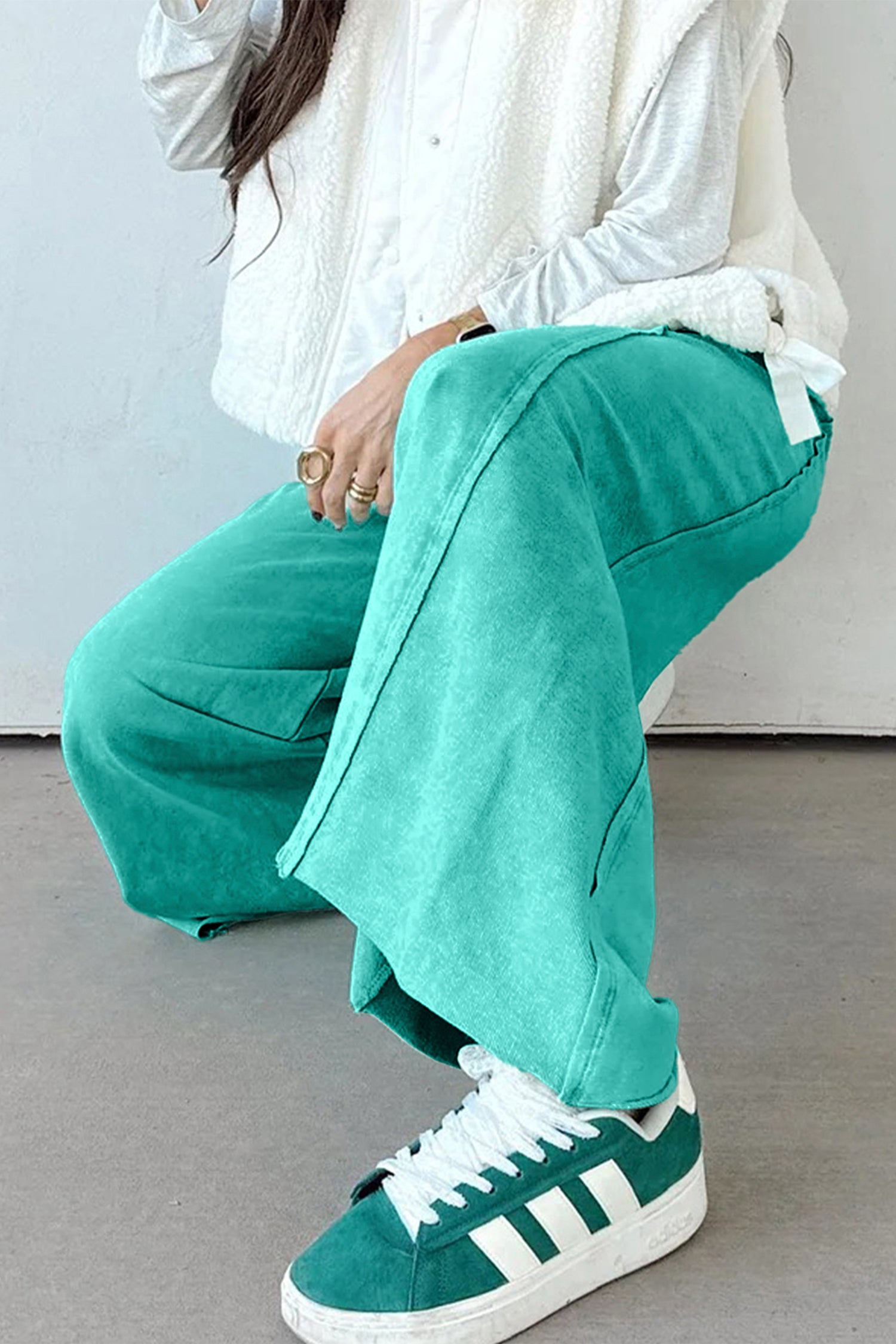 Sea Green Mineral Wash Drawstring Elastic Waist Raw Hem Loose Pants-Bottoms/Pants & Culotte-[Adult]-[Female]-2022 Online Blue Zone Planet