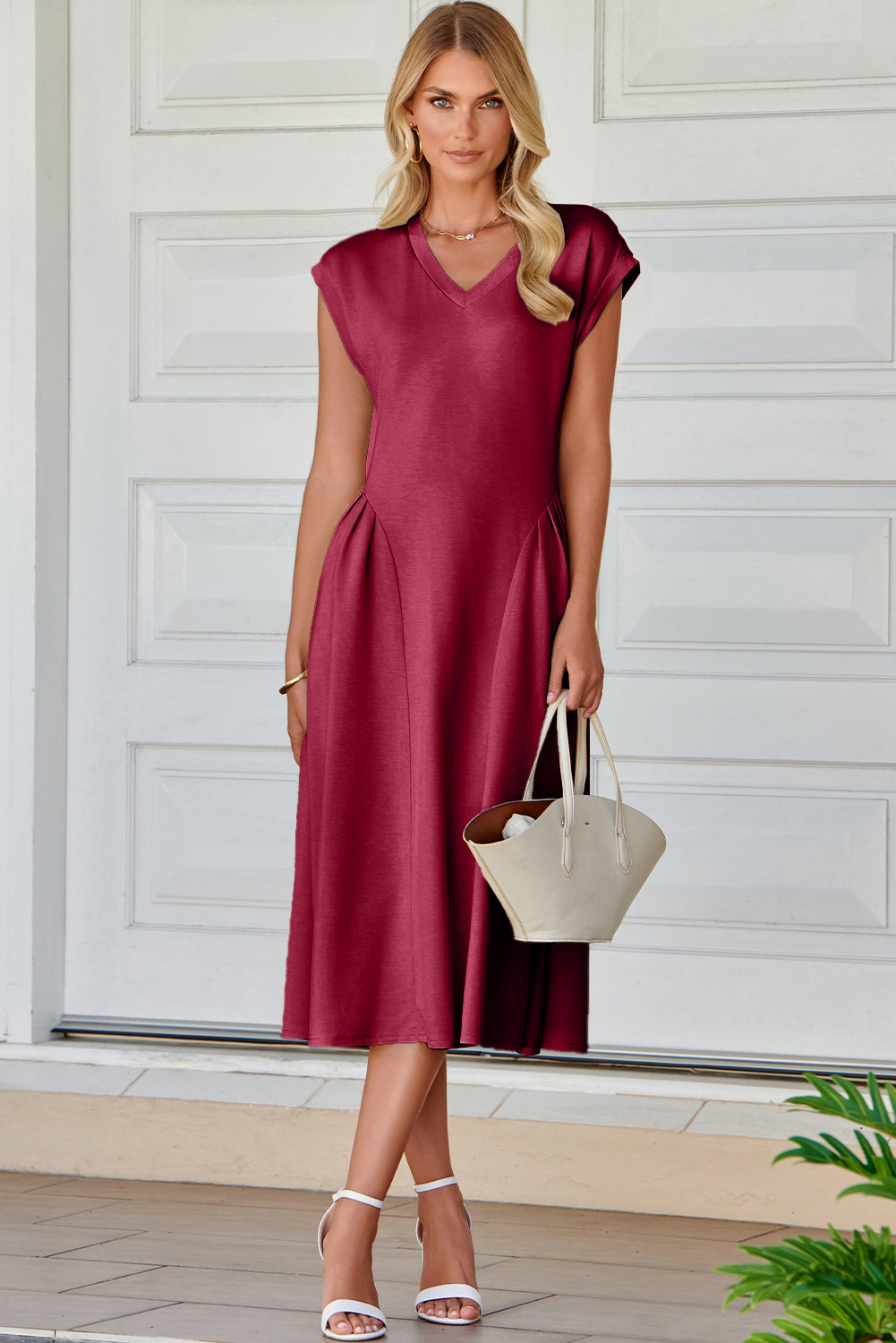 Red Dahlia Solid Color V Neck Pleated Flared Midi Dress-TOPS / DRESSES-[Adult]-[Female]-2022 Online Blue Zone Planet