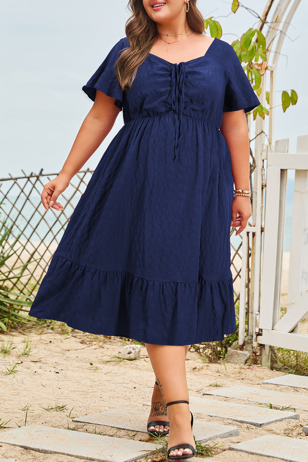Blue Plus Size Short Sleeve Lace-up High Waist Midi Dress-Plus Size Midi Dresses-[Adult]-[Female]-2022 Online Blue Zone Planet